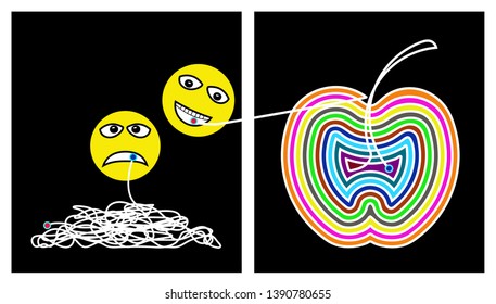 Two vector illustration of white yarn. The one form a colorful apple fruit and the other tangled or has no shape. Each have the different emoticon happy and unhappy.