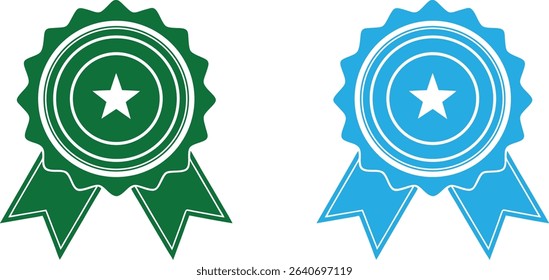 Two vector illustrations of award badges, one green and one blue, each featuring a central star and flowing ribbons. Perfect for representing achievement, recognition, or quality.