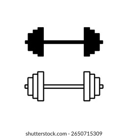 Duas ilustrações vetoriais de barras, uma em silhueta preta sólida e outra em estilo de contorno, com placas de peso ajustáveis. Ideal para fitness, academia ou halterofilismo ícones.