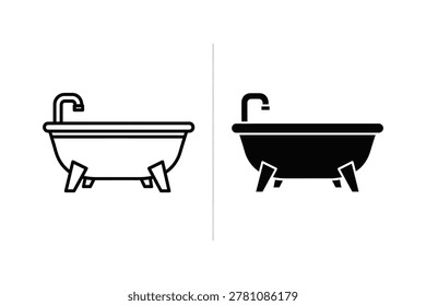 Two vector illustrations of a bathtub. One is a line art drawing, and the other is a solid black silhouette. Both show a classic clawfoot tub with a faucet.