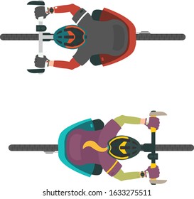 Two vector illustrations of bikers. Man and women on MTB mountain bike. Top view, view from above.