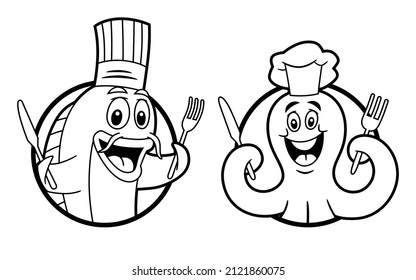 Two vector illustrations in black and white with border lines, of a fish and an octopus, with a chef's hat, holding a knife and fork and framed in circular shapes, to use like logo or graphic element.