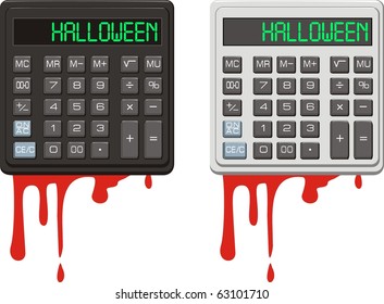 Two vector illustrations - calculator with inscription HALLOWEEN  on LCD board and blood