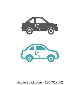 Two vector illustrations of the car. Set of vector symbols. Trip on own car. Flat design Monohrome