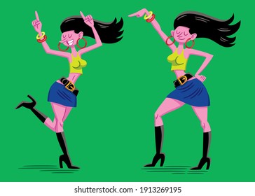 Zwei Vektorgrafiken, Cartoon-Stil, von einem lustigen Charakter einer Kaukasierin mit langen Haaren, die bunte und verführerische Kleidung trägt und auf einem isolierten, grünen Hintergrund tanzt.