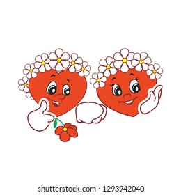 Two vector illustrations the children's animation character hearts with flowers on the heads.Set of vector symbols. Together forever. Beautiful loving couple in wreaths from flowers on the head. 