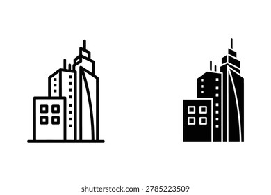 Two vector illustrations of a city skyline with modern skyscrapers. One is a line art style, the other is a solid fill silhouette.