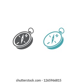 Two vector illustrations of a compass. Set of vector symbols. To find the correct route. Flat design Monohrome