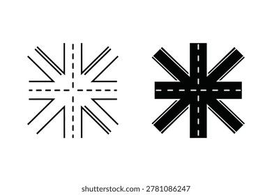 Two vector illustrations of a complex road intersection. One is a detailed line drawing, the other is a solid black silhouette.