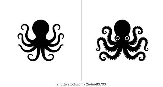 Two vector illustrations depict a black octopus on a white background. One shows a simple silhouette, while the other has detailed tentacles and prominent eyes.