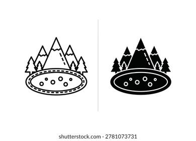 Two vector illustrations depict a stylized mountain range behind pine trees and an oval pond with circles inside. One is a line drawing, the other is a solid black silhouette.