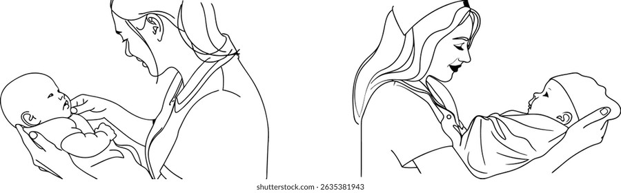 Two vector illustrations depicting a caring mother holding and cuddling newborn babies in love