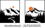 Two vector illustrations depicting mountain landscapes with trees, a river, and a setting sun, in a minimalist black and white style.