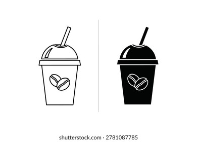 Two vector illustrations of a disposable cup with a straw and coffee beans. One is a line drawing, the other is a solid black silhouette.