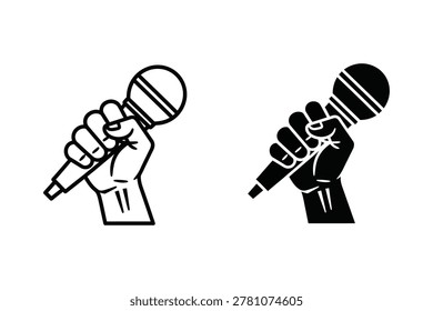 Two vector illustrations of a hand holding a microphone. One is a line drawing, the other is a solid silhouette. Both show a fist gripping the microphone.