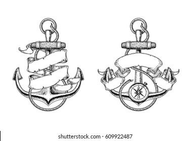 Two vector illustrations of nautical anchors with ribbon in the engraving style. Print for T-shirts