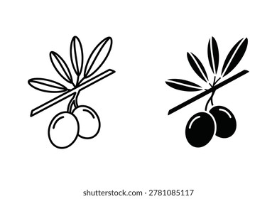 Two vector illustrations of an olive branch with leaves and olives. One is a line drawing, the other is a solid black fill.
