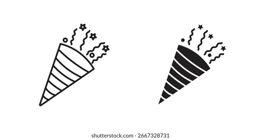 Dos Ilustraciones vectoriales de poppers de fiesta, una línea de arte y uno sólido, aislado en blanco.