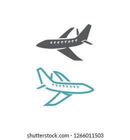 Two vector illustrations of the plane. Set of vector symbols. Flight by air. Flat design Monohrome