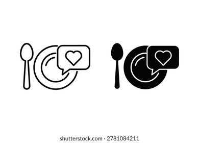 Two vector illustrations of a plate and spoon. One is a line drawing, the other is a solid black icon. Both include a speech bubble with a heart symbol.