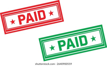 Two vector illustrations of rectangular PAID stamps, one red and one green. Each stamp features bold PAID text and stars, ideal for financial, accounting, or business contexts.