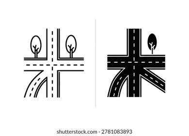 Two vector illustrations of a road intersection. One in a black and white line art style, the other in a solid black silhouette style with white road markings and trees.