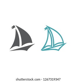 Two vector illustrations the ship with a sail. Set of vector symbols. Rest on the yacht under sails. Flat design Monohrome