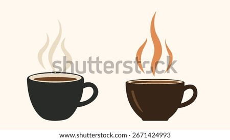 Two vector illustrations of steaming mugs of coffee or tea, featuring different colors and minimalist, stylized designs on a simple background.