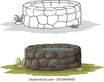 Two vector illustrations of stone wells.