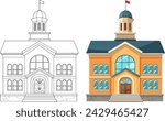 Two vector illustrations of stylized civic buildings