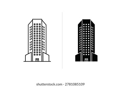 Two vector illustrations of a tall skyscraper building. One is a line art drawing, the other is a solid silhouette. Both show multiple windows and an entrance.