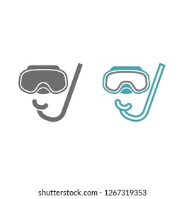 Two vector illustrations of an underwater mask. Set of vector symbols. Equipment for diving and underwater shooting. Flat design Monohrome