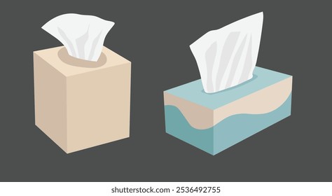 Two vector illustrations of white napkins inpastel colored boxes isolated on dark background