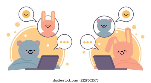 Zwei Vektorgrafiken eines Hasen und eines Teddybären, die über das Internet kommunizieren.