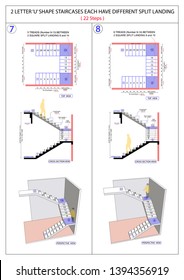 Two Vector images of comfortable staircase design concept that explain the riser, lenght, number of step, and floor to floor height. There are five and six treads between two square split landing.