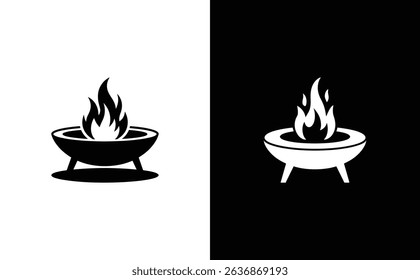 Two vector images display fire pits in black and white. The left fire pit is black on a white background and the right is white on black.
