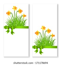 Two vector invitation cards with narcissus and bow ribbon.