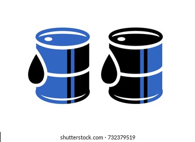 Two vector isolated icons of blue oil barrel with oil drop and shadow.