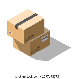 Two vector isometric cardboard parcel boxes isolated on white background