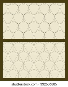 Two vector isometric pattern set. Vector seamless patterns. Repeating geometric shapes made of triangles. Minimalistic shields concept. Regular simple print on beige background. Modern graphic design.