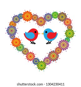 Two vector kissing cute birds inside floral heart on white background