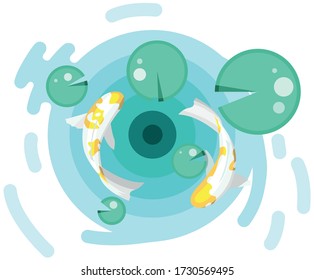 two vector koi fishes swim in a circle among green lotus leaves