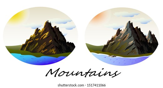 Two vector landscapes with mountains and a river.Landscapes with mountains and a river for design.