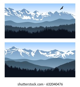 Two vector landscapes with silhouettes of forest and distant mountain ridges. Illustration of travel to beautiful places of untouched nature