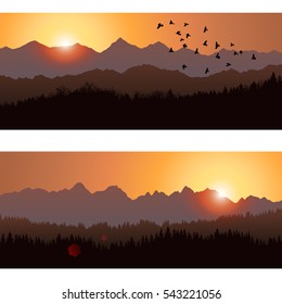 Two vector landscapes with silhouettes of mountain ridges and forest at sunrise. Illustration of travel to beautiful places of nature