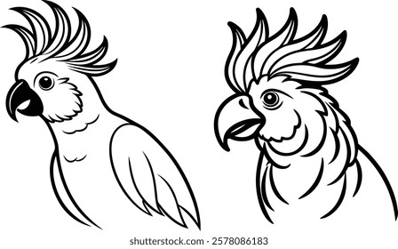 Two Vector Line Art cockatoo with a raised crest.