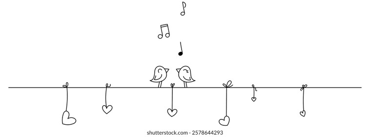 Two vector linear hand drawn birds sing a song. Birds stand on a rope made of hearts tied to it