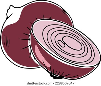 Two vector lineart style red onions whole and halved isolated on white background