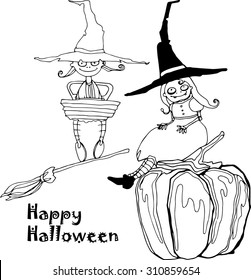 two vector little witches  with pumpkin and broom for Halloween design