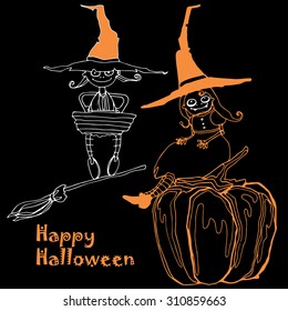 two vector little witches  with pumpkin and broom for Halloween design